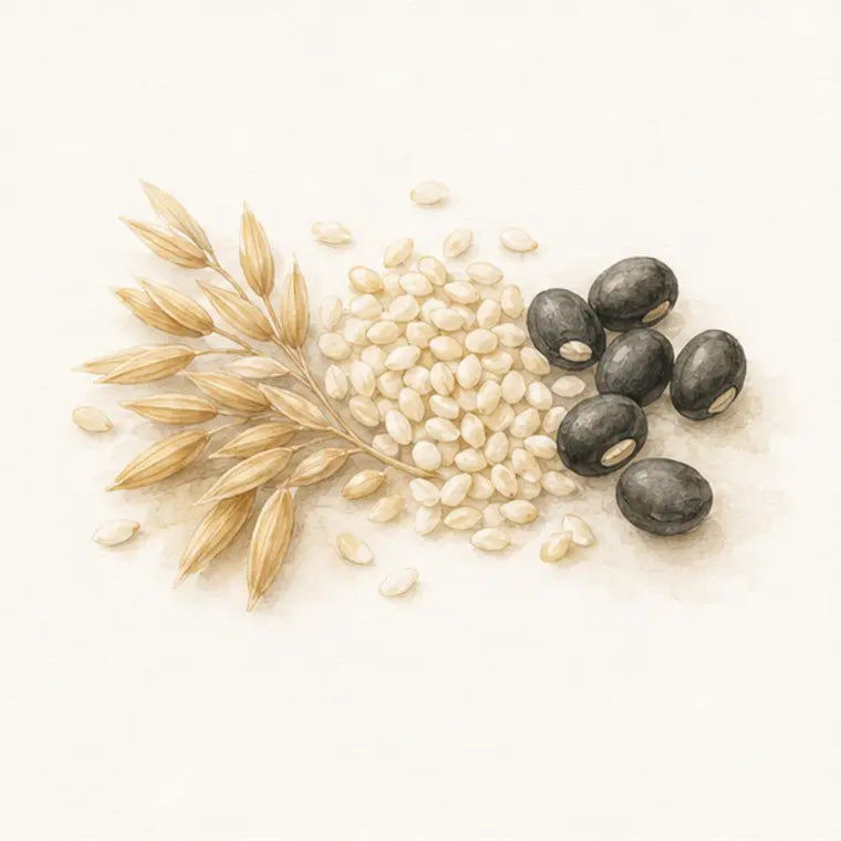 Ilustración en acuarela de arroz, sésamo y poroto negro