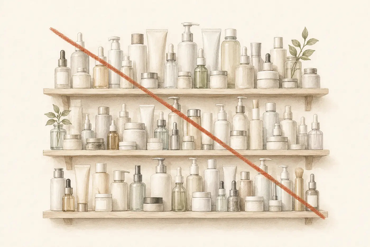 Ilustración de una repisa llena de cosméticos, tachada para representar una rutina sobrecargada
